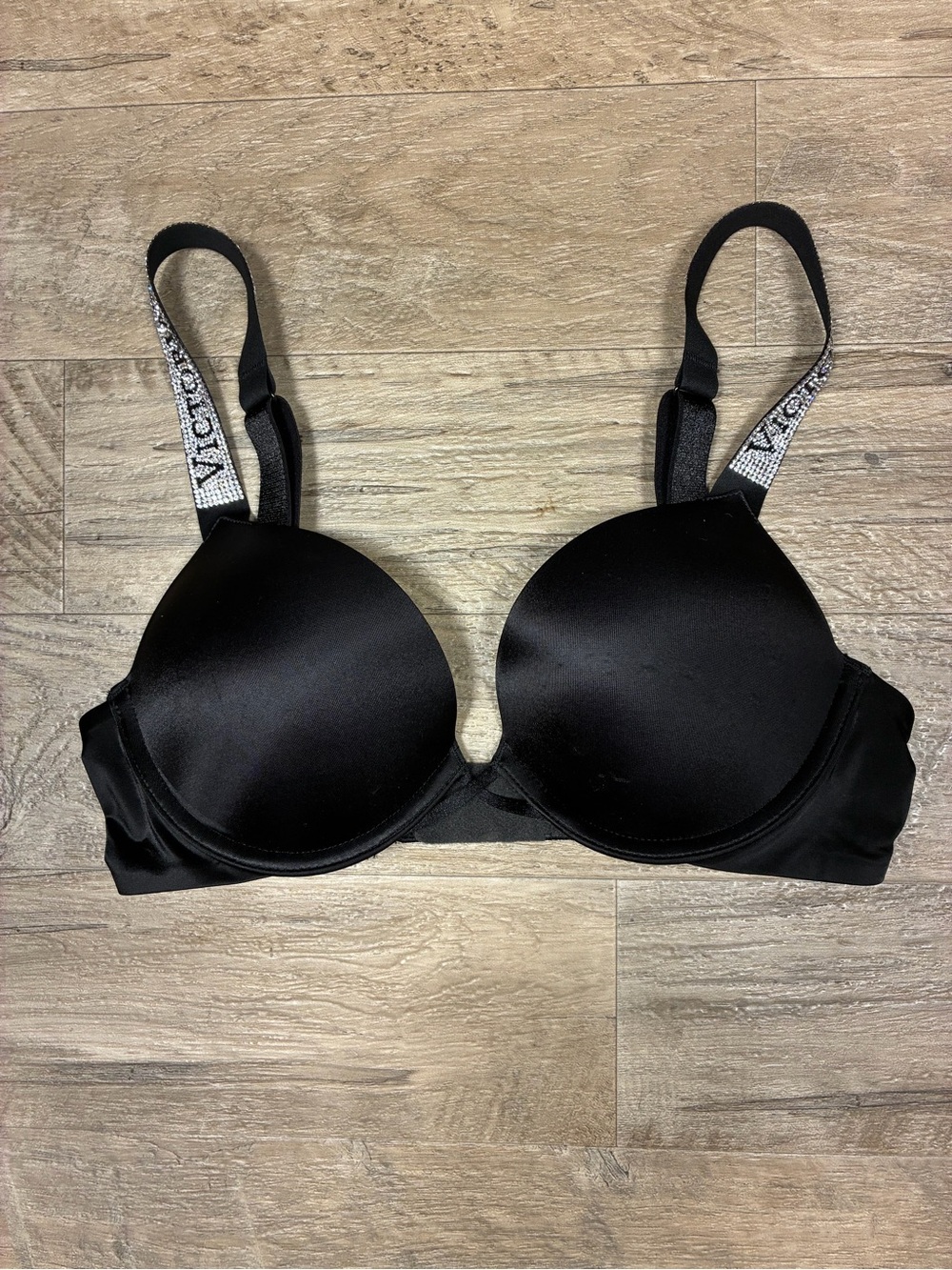 Victoria Secret Satin Rhinestone Logo Strap Bombshell Plunge Bra